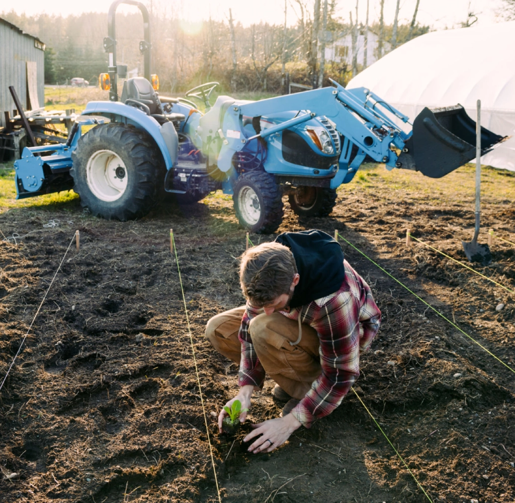 Person planting seeds near a blue tractor.