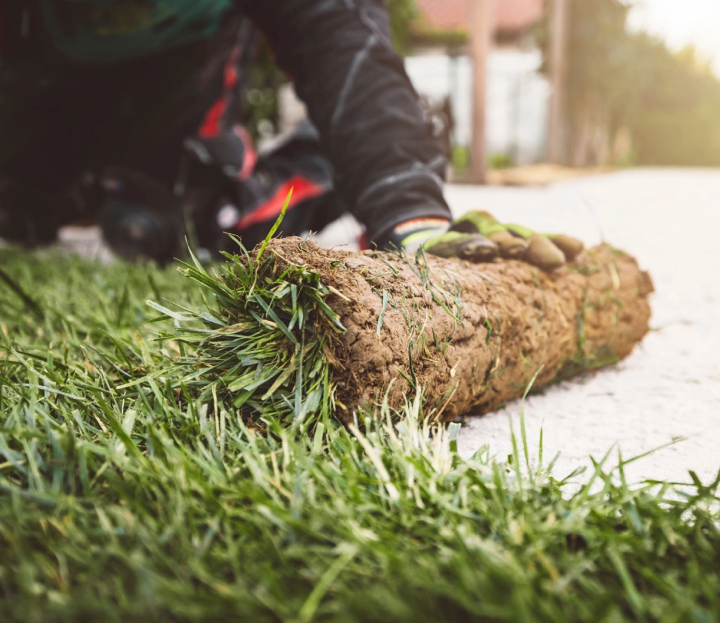 Person laying sod on a lawn.