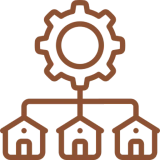 Gear icon connected to three houses.