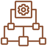 Gear and network flowchart icon on black.